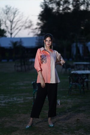 Peach Contrast Shirt with Black Pants